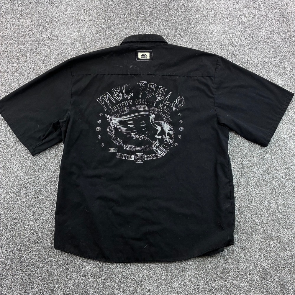 Vintage Y2K Mac Tools Work Shirt Mens 2XL Black Winged Skull Mechanic Shop